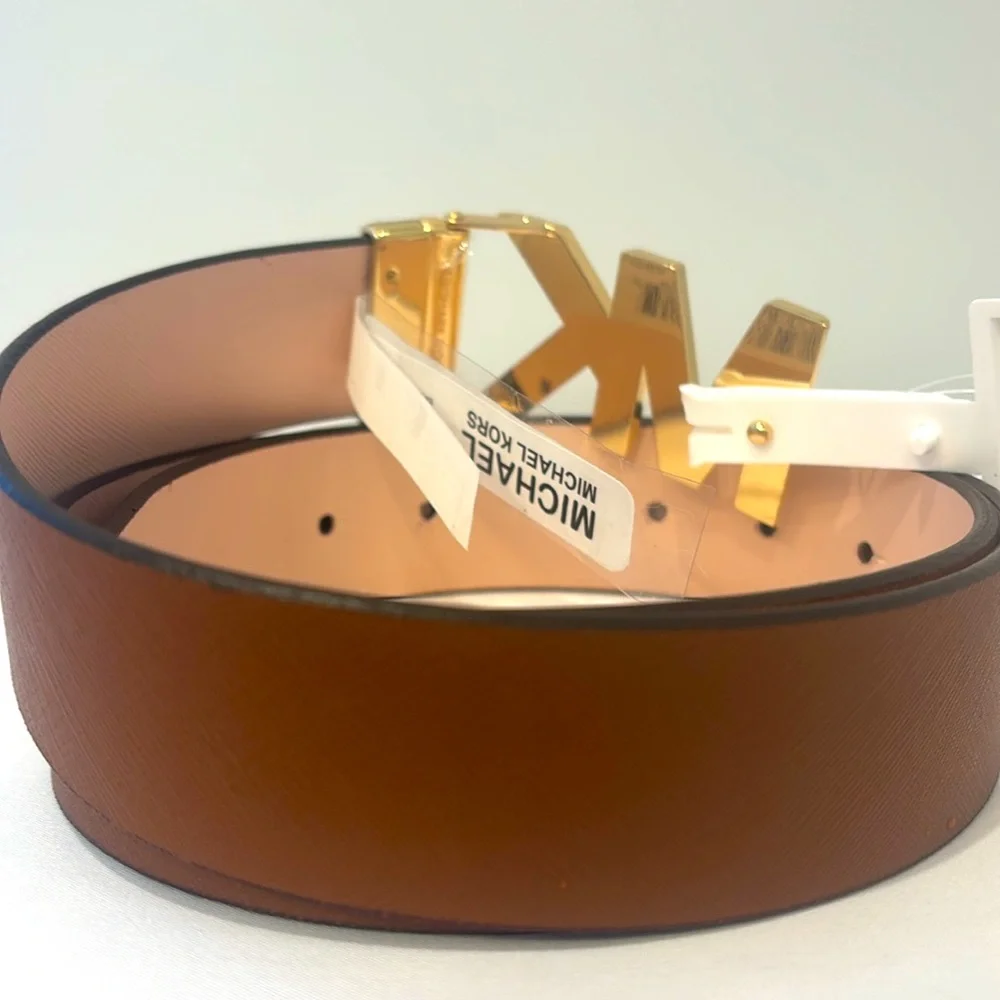 Michael Kors Reversible Gold MK Logo Belt Brown/Pink